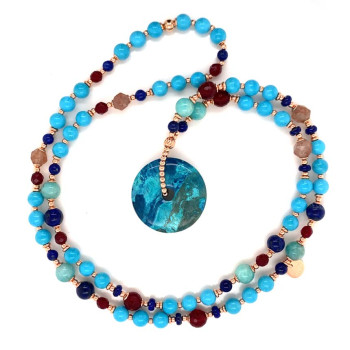 GOLD PLATED 18K CRISCOLA LASER NECKLACE WITH LAPIS, AMAZONITE, RUBY AGATE, TURQUOISE AND CHERRY QUARTZ