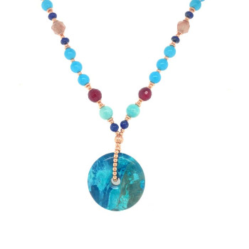 GOLD PLATED 18K CRISCOLA LASER NECKLACE WITH LAPIS, AMAZONITE, RUBY AGATE, TURQUOISE AND CHERRY QUARTZ