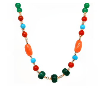 GOLD PLATED TURQUOISE NECKLACE WITH CORAL , MALACHITE AND GREEN AGATE 