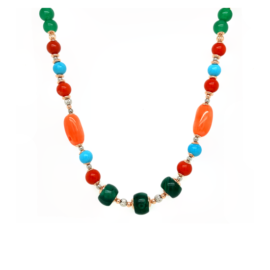 GOLD PLATED TURQUOISE NECKLACE WITH CORAL , MALACHITE AND GREEN AGATE GOLD PLATED TURQUOISE NECKLACE WITH CORAL , MALACHITE AND GREEN AGATE