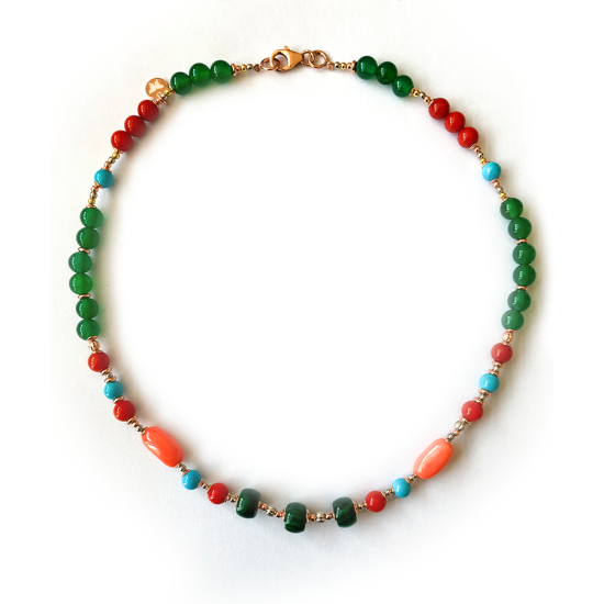 GOLD PLATED TURQUOISE NECKLACE WITH CORAL , MALACHITE AND GREEN AGATE GOLD PLATED TURQUOISE NECKLACE WITH CORAL , MALACHITE AND GREEN AGATE