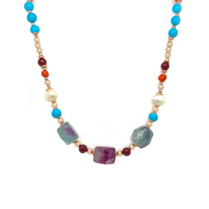 GOLD PLATED MULTI-COLOR TOURMALINE NECKLACE WITH TURQUOISE , PEARLS , CORAL , HEMATITE AND GARNET 