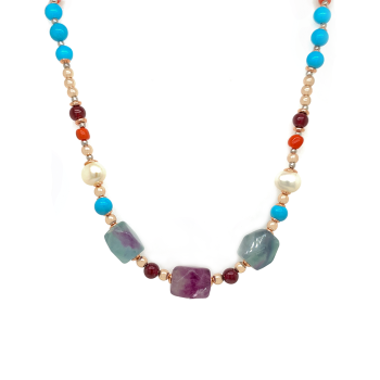 GOLD PLATED MULTI-COLOR TOURMALINE NECKLACE WITH TURQUOISE , PEARLS , CORAL , HEMATITE AND GARNET 