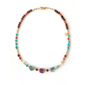 GOLD PLATED MULTI-COLOR TOURMALINE NECKLACE WITH TURQUOISE , PEARLS , CORAL , HEMATITE AND GARNET 