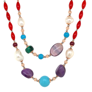GOLD PLATED TURQUOISE NECKLACE WITH CORAL ,PEARLS ,MALACHITE , GREEN AGATE AND GARNET