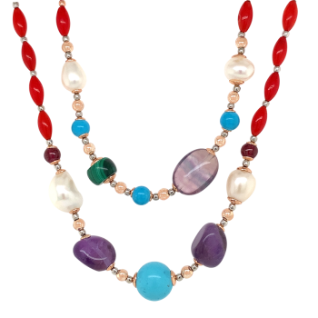 GOLD PLATED TURQUOISE NECKLACE WITH CORAL ,PEARLS ,MALACHITE , GREEN AGATE AND GARNET