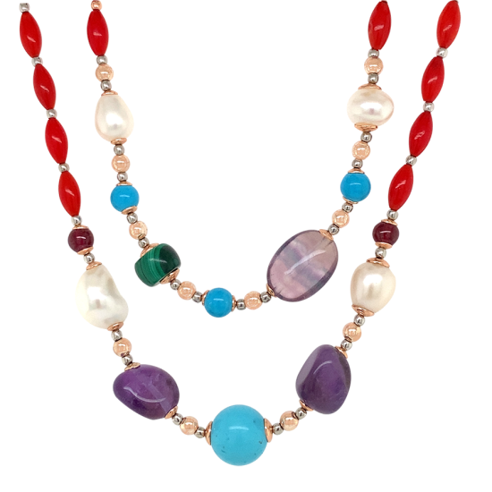 GOLD PLATED TURQUOISE NECKLACE WITH CORAL ,PEARLS ,MALACHITE , GREEN AGATE AND GARNET