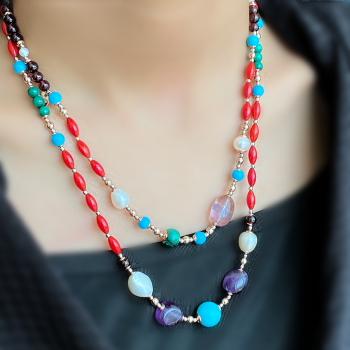 GOLD PLATED TURQUOISE NECKLACE WITH CORAL ,PEARLS ,MALACHITE , GREEN AGATE AND GARNET