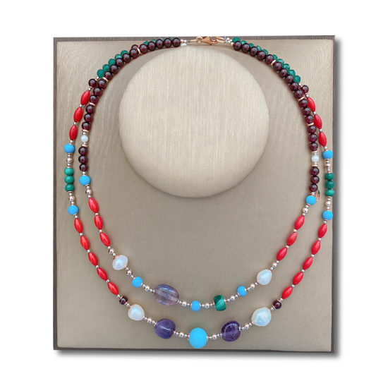 GOLD PLATED TURQUOISE NECKLACE WITH CORAL ,PEARLS ,MALACHITE , GREEN AGATE AND GARNET
