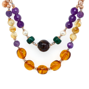 GOLD PLATED IOLITE NECKLACE WITH MALACHITE , PEARLS , AMETHYST , AMBER AND CITRINE 