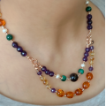 GOLD PLATED IOLITE NECKLACE WITH MALACHITE , PEARLS , AMETHYST , AMBER AND CITRINE GOLD PLATED IOLITE NECKLACE WITH MALACHITE , PEARLS , AMETHYST , AMBER AND CITRINE