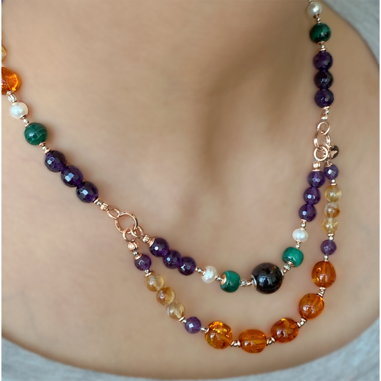 GOLD PLATED IOLITE NECKLACE WITH MALACHITE , PEARLS , AMETHYST , AMBER AND CITRINE GOLD PLATED IOLITE NECKLACE WITH MALACHITE , PEARLS , AMETHYST , AMBER AND CITRINE