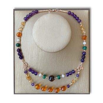 GOLD PLATED IOLITE NECKLACE WITH MALACHITE , PEARLS , AMETHYST , AMBER AND CITRINE 