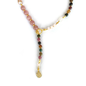 18k Gold plated Pink quartz necklace with Tourmaline , pink Kyanite , colored pearls 