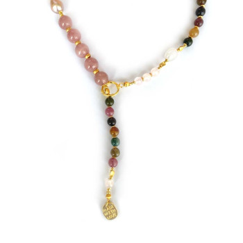 18k Gold plated Pink quartz necklace with Tourmaline , pink Kyanite , colored pearls 