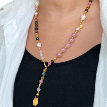 18k Gold plated Pink quartz necklace with Tourmaline , pink Kyanite , colored pearls 