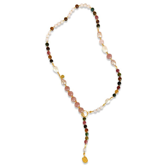 18k Gold plated Pink quartz necklace with Tourmaline , pink Kyanite , colored pearls 