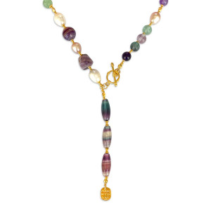 Gold plated Tourmaline necklace with Pearls , Amacitrine , Amethyst ,  colored Fluorite , ( made with love pendant ). 