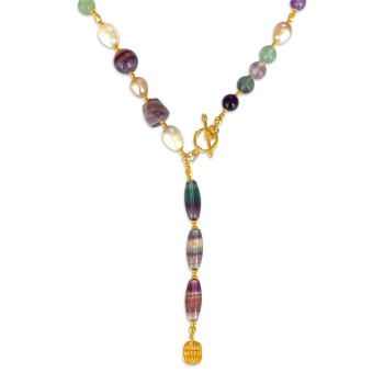 Gold plated Tourmaline necklace with Pearls , Amacitrine , Amethyst ,  colored Fluorite , ( made with love pendant ). 
