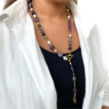 Gold plated Tourmaline necklace with Pearls , Amacitrine , Amethyst ,  colored Fluorite , ( made with love pendant ). 