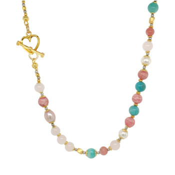  18k Gold plated Pink quartz necklace with Rhodochrosite , Amazonite and colored Pearls 
