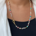 18k Gold plated Pink quartz necklace with Rhodochrosite , Amazonite and colored Pearls 