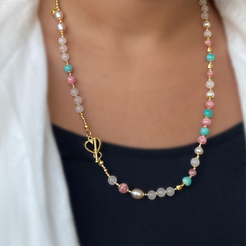  18k Gold plated Pink quartz necklace with Rhodochrosite , Amazonite and colored Pearls 