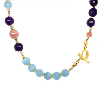 Gold plated Aquamarine necklace , Amethyst and Rhodochrosite 