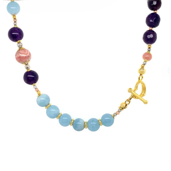 Gold plated Aquamarine necklace , Amethyst and Rhodochrosite Gold plated Aquamarine necklace , Amethyst and Rhodochrosite