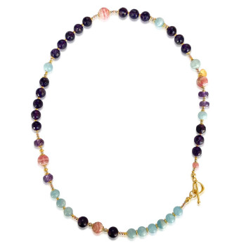 Gold plated Aquamarine necklace , Amethyst and Rhodochrosite 