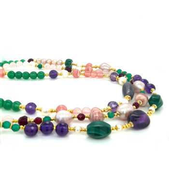 GOLD PLATED FLOURITE 3 LAYRS NECKLACE WITH AMETHYST, MALACHITE, RHODOCHROSITE, PEARLS AND CHERRY QUARTZ