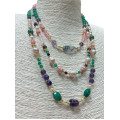 GOLD PLATED FLOURITE 3 LAYRS NECKLACE WITH AMETHYST, MALACHITE, RHODOCHROSITE, PEARLS AND CHERRY QUARTZ GOLD PLATED FLOURITE 3 LAYRS NECKLACE WITH AMETHYST, MALACHITE, RHODOCHROSITE, PEARLS AND CHERRY QUARTZ