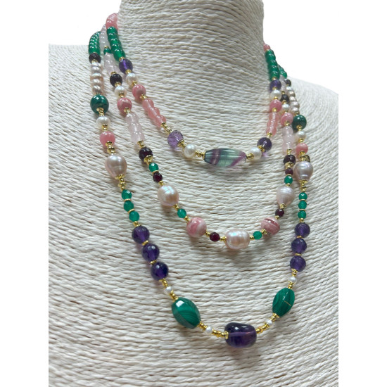 GOLD PLATED FLOURITE 3 LAYRS NECKLACE WITH AMETHYST, MALACHITE, RHODOCHROSITE, PEARLS AND CHERRY QUARTZ GOLD PLATED FLOURITE 3 LAYRS NECKLACE WITH AMETHYST, MALACHITE, RHODOCHROSITE, PEARLS AND CHERRY QUARTZ