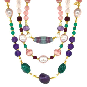 GOLD PLATED FLOURITE 3 LAYRS NECKLACE WITH AMETHYST, MALACHITE, RHODOCHROSITE, PEARLS AND CHERRY QUARTZ