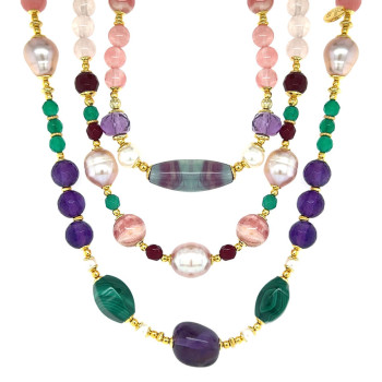GOLD PLATED FLOURITE 3 LAYRS NECKLACE WITH AMETHYST, MALACHITE, RHODOCHROSITE, PEARLS AND CHERRY QUARTZ