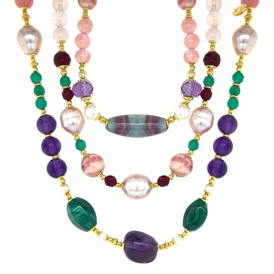 GOLD PLATED FLOURITE 3 LAYRS NECKLACE WITH AMETHYST, MALACHITE, RHODOCHROSITE, PEARLS AND CHERRY QUARTZ GOLD PLATED FLOURITE 3 LAYRS NECKLACE WITH AMETHYST, MALACHITE, RHODOCHROSITE, PEARLS AND CHERRY QUARTZ