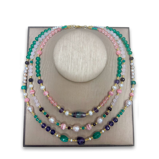 GOLD PLATED FLOURITE 3 LAYRS NECKLACE WITH AMETHYST, MALACHITE, RHODOCHROSITE, PEARLS AND CHERRY QUARTZ GOLD PLATED FLOURITE 3 LAYRS NECKLACE WITH AMETHYST, MALACHITE, RHODOCHROSITE, PEARLS AND CHERRY QUARTZ