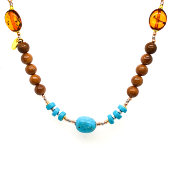 18K GOLD PLATED TURQUOISE NECKLACE WITH AMBER , PINK QUARTZ AND COKE WOOD 