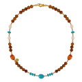 18K GOLD PLATED TURQUOISE NECKLACE WITH AMBER , PINK QUARTZ AND COKE WOOD 18K GOLD PLATED TURQUOISE NECKLACE WITH AMBER , PINK QUARTZ AND COKE WOOD