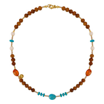 18K GOLD PLATED TURQUOISE NECKLACE WITH AMBER , PINK QUARTZ AND COKE WOOD 