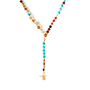 18k gold plated TURQUOISE NECKLACE WITH  AMZONTE , CORAL , CITRINE , JASPER , AMBER , PEARLS AND AGATE