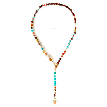 18k gold plated TURQUOISE NECKLACE WITH  AMZONTE , CORAL , CITRINE , JASPER , AMBER , PEARLS AND AGATE