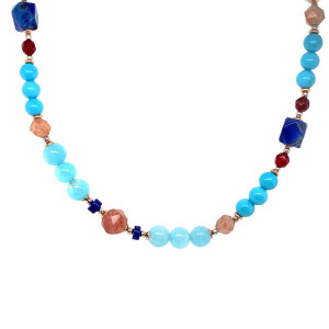 18K GOLD PLATED AQUAMARINE NECLACE WITH CHERRY QUARTZ , LAPIS RUBI AGATE AND TURQUOISE