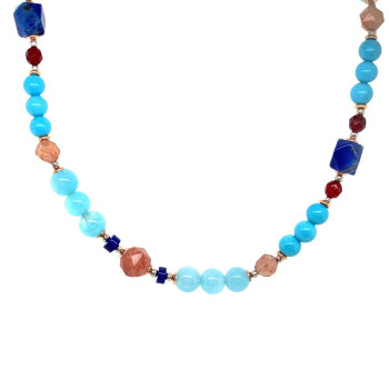 18K GOLD PLATED AQUAMARINE NECLACE WITH CHERRY QUARTZ , LAPIS RUBI AGATE AND TURQUOISE