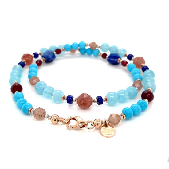 18K GOLD PLATED AQUAMARINE NECLACE WITH CHERRY QUARTZ , LAPIS RUBI AGATE AND TURQUOISE 18K GOLD PLATED AQUAMARINE NECLACE WITH CHERRY QUARTZ , LAPIS RUBI AGATE AND TURQUOISE
