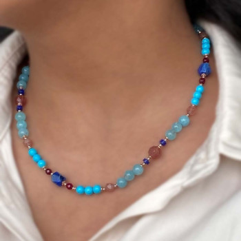 18K GOLD PLATED AQUAMARINE NECLACE WITH CHERRY QUARTZ , LAPIS RUBI AGATE AND TURQUOISE