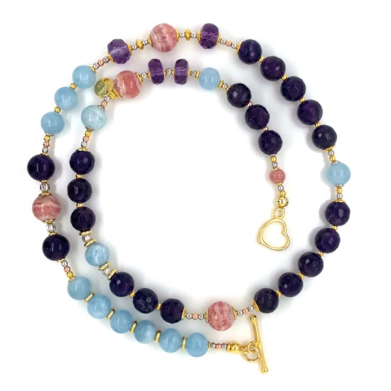 Gold plated Aquamarine necklace , Amethyst and Rhodochrosite Gold plated Aquamarine necklace , Amethyst and Rhodochrosite