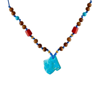 Blue String Necklace with Turquoise , coral and coke wood