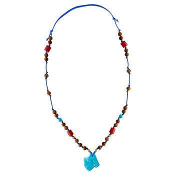 Blue String Necklace with Turquoise , coral and coke wood