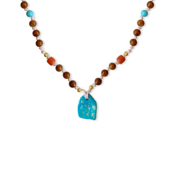 Pink String necklace with Turquoise , orange coral and coke wood